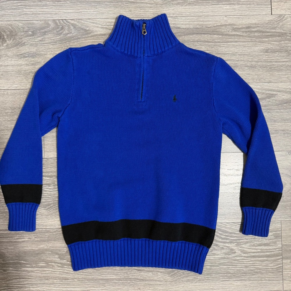Polo Ralph Lauren Boys Sweater L 14-16 Royal Blue Quarter Zip 100% Cotton Preppy